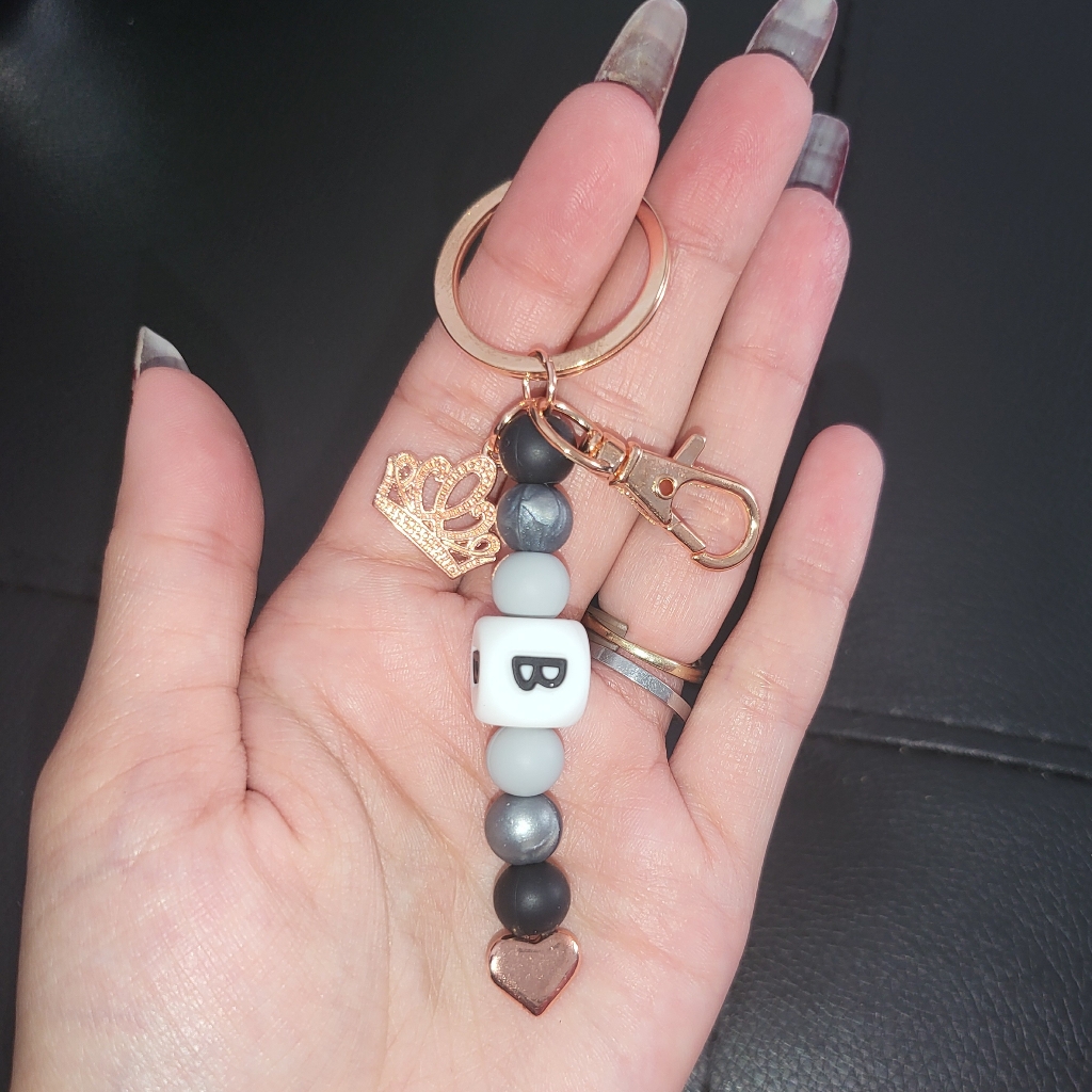 Black  Grey Sliver Bead Letter B Keychain